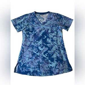 Carhartt Women’s size small blue patterned V neck scrub top nurse two pockets